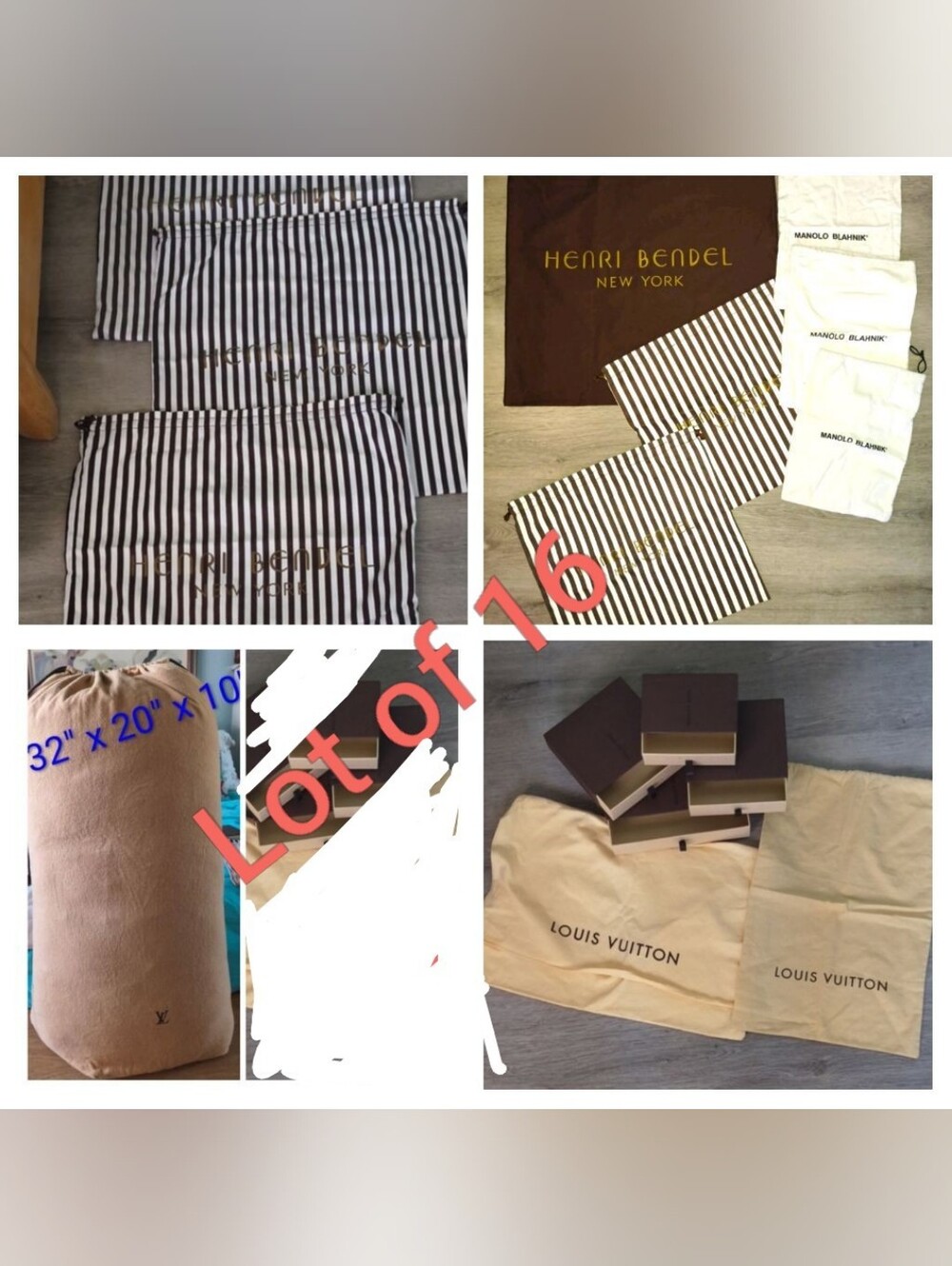 Lot Of 16 Louis Vuitton Dustbags 4 Boxes ~Henri Bendel ~Manolo Blahnik Dust Bags